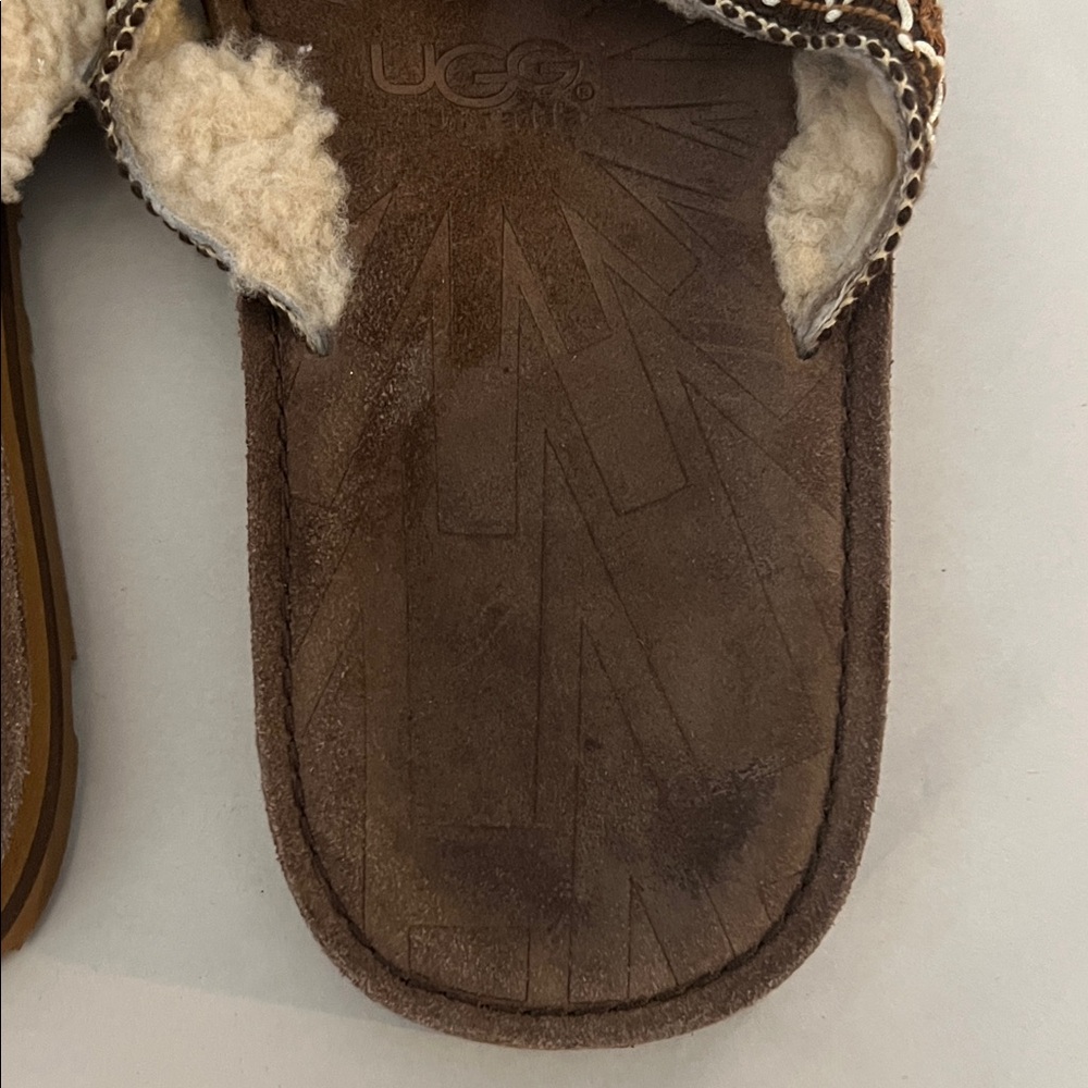 UGG Brown Suede Shearling Thong Sandals with Woven Strap Sz 9 - Picture 3 of 16